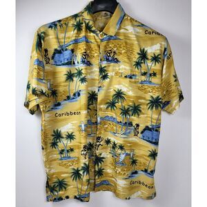Mens Caribbean Island‎ Hawaiian RIMA Terivoile Yellow Palmtree Surf Large Shirt
